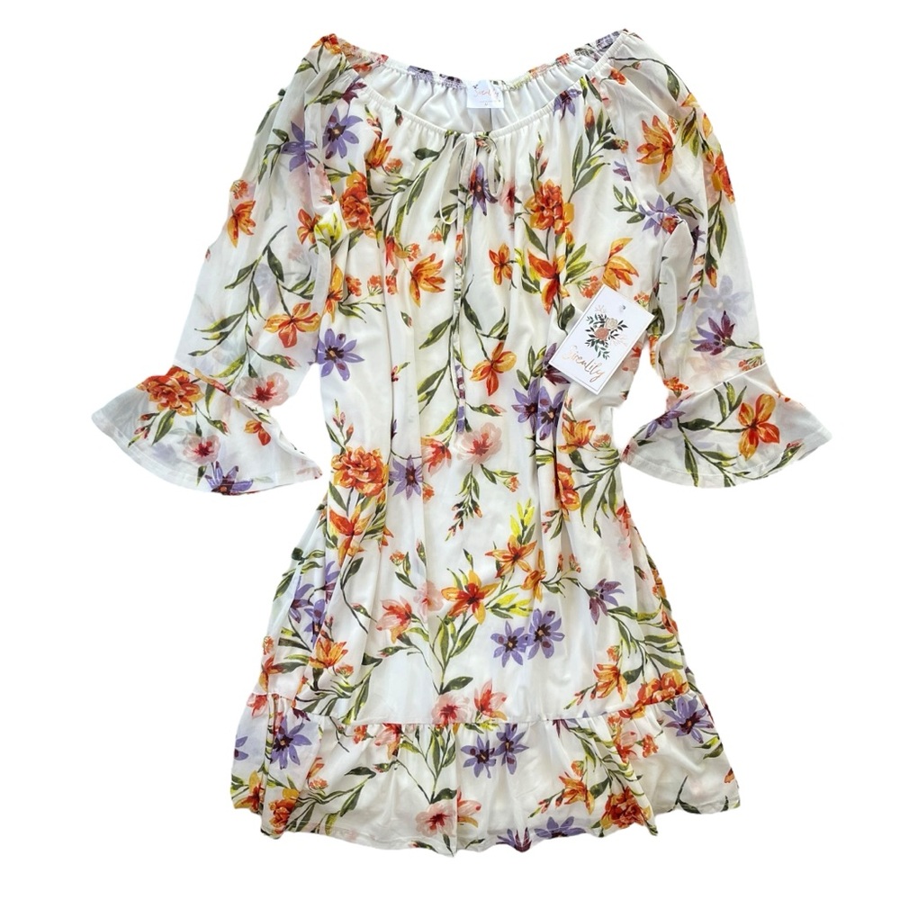 SirenLily Women M White Orange Blue Floral Bell Sleeve Ruffle Bottom Shift Dress